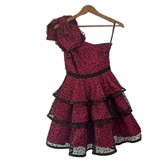 Pearl Georgina Chapman black & pink polkadot ruffle one shoulder Cocktail Dress - Picture 4 of 8